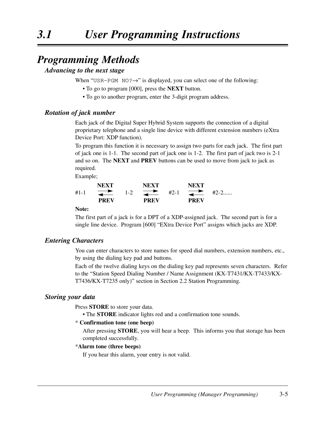 Panasonic KX-TD308 manual Programming Methods, Advancing to the next stage, Rotation of jack number, Entering Characters 