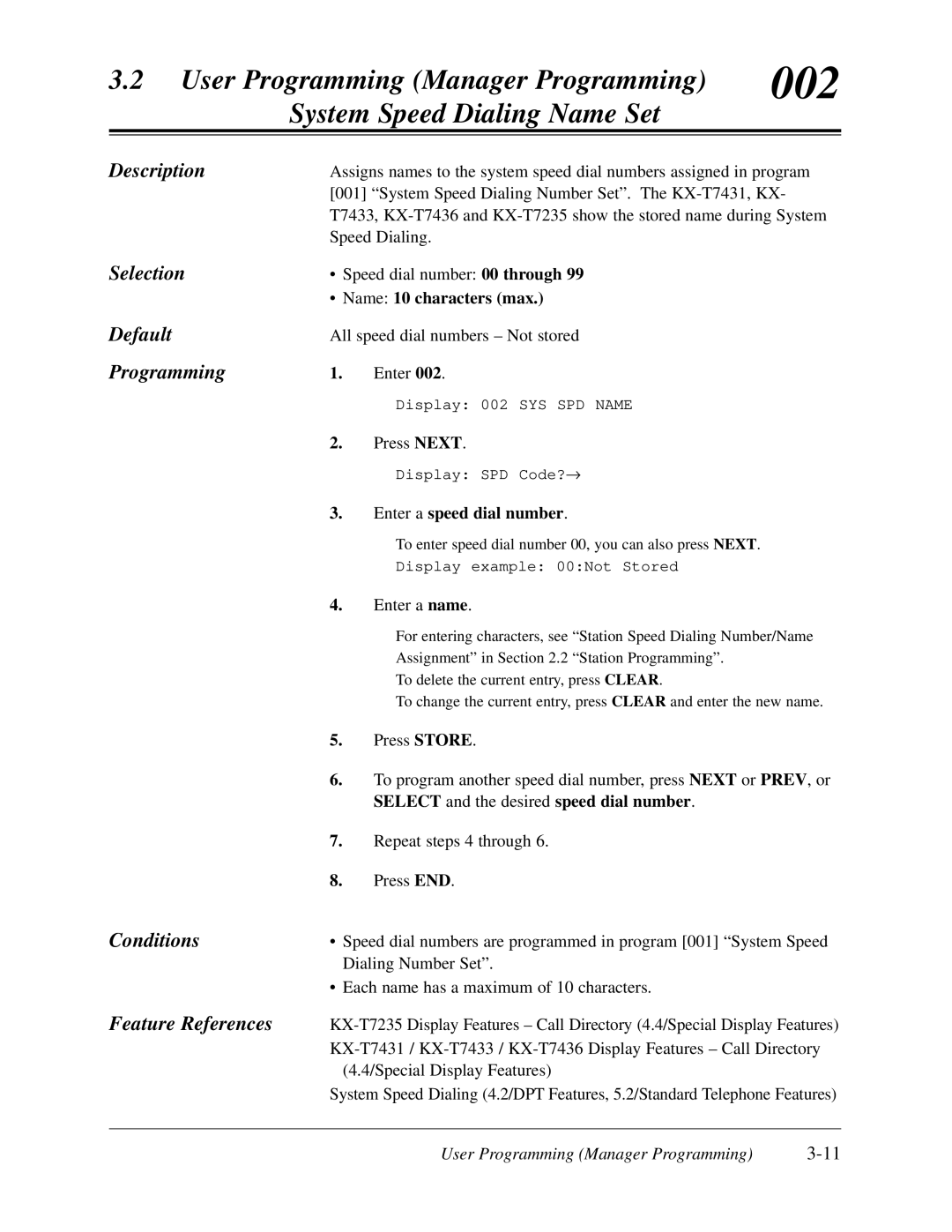 Panasonic KX-TD308 manual Description, Default, Programming, Name 10 characters max 