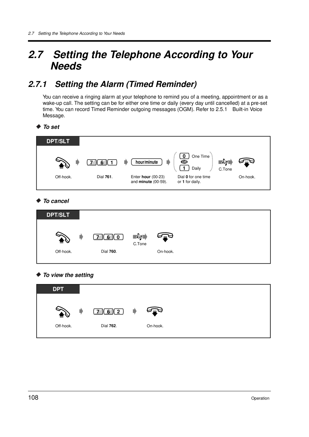 Panasonic KX-TD612E Setting the Telephone According to Your Needs, Setting the Alarm Timed Reminder, 108, Hour/minute 