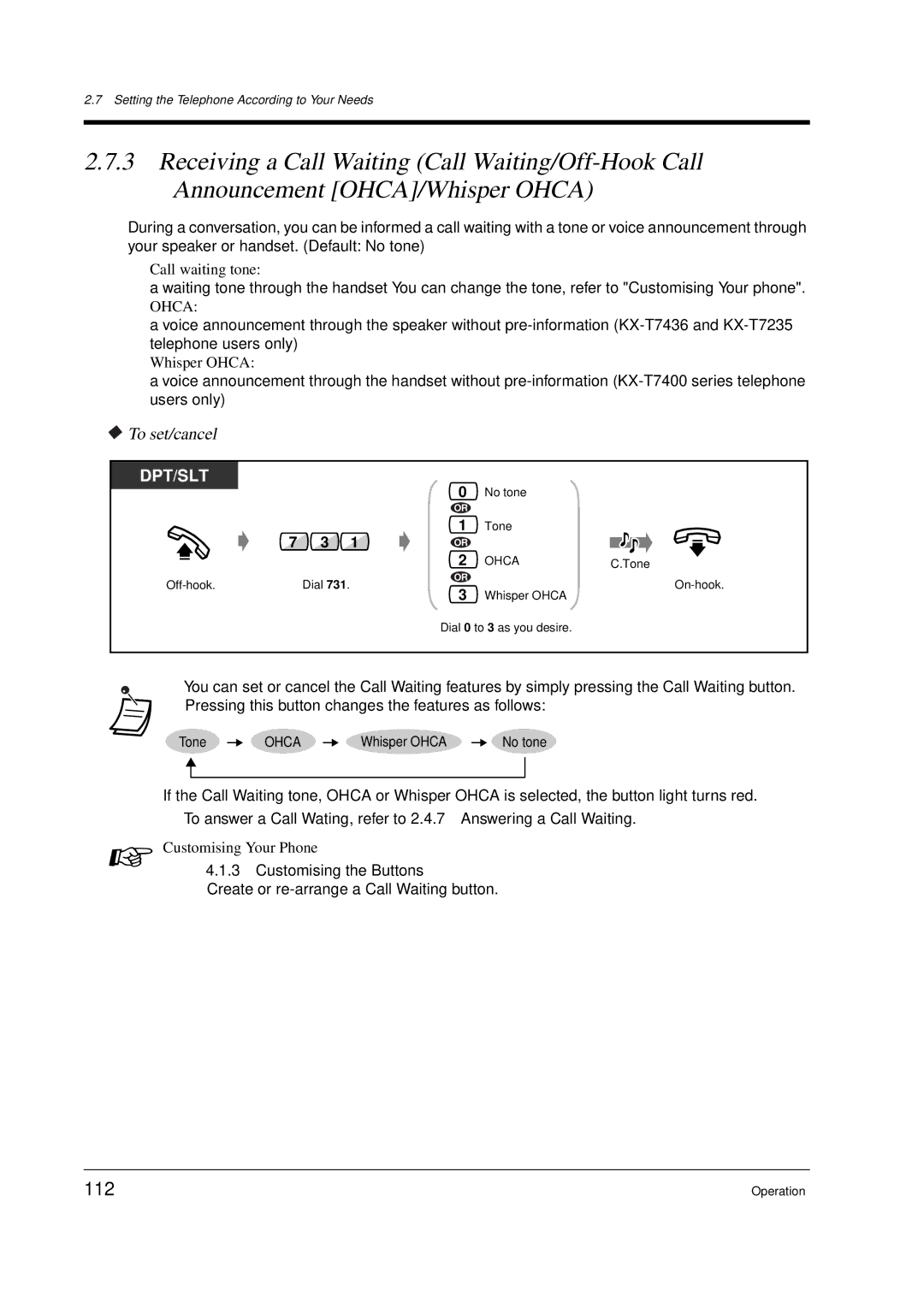 Panasonic KX-TD612E user manual 112, Call waiting tone, Whisper Ohca 