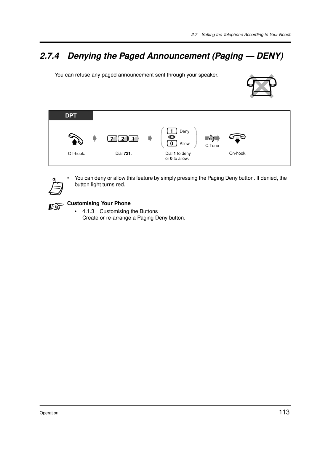 Panasonic KX-TD612E user manual Denying the Paged Announcement Paging Deny, 113 