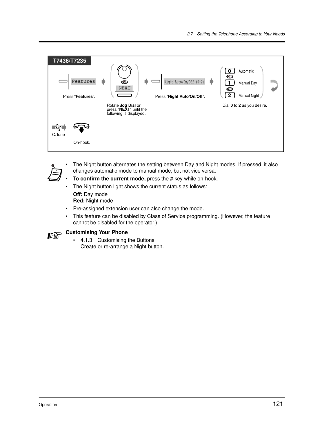 Panasonic KX-TD612E user manual 121, To confirm the current mode, press the # key while on-hook, Press Night Auto/On/Off 