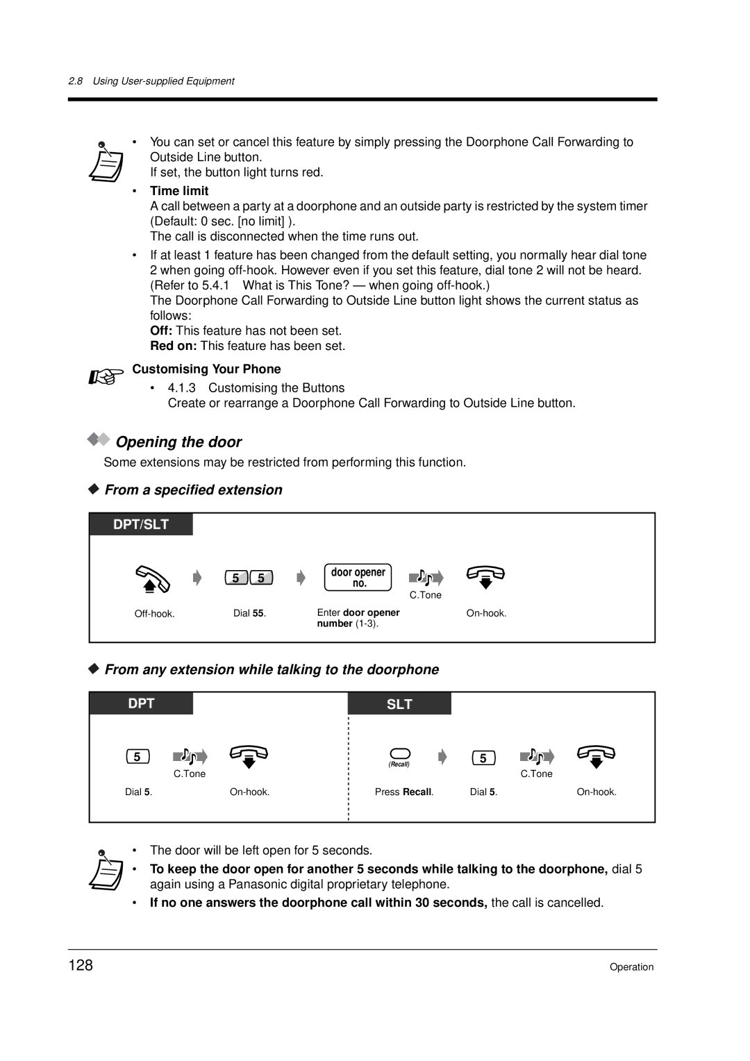 Panasonic KX-TD612E Opening the door, 128, From a specified extension, From any extension while talking to the doorphone 