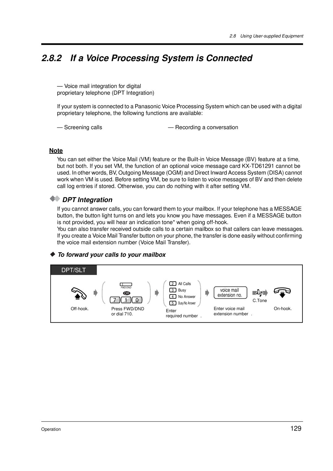 Panasonic KX-TD612E If a Voice Processing System is Connected, DPT Integration, 129, To forward your calls to your mailbox 