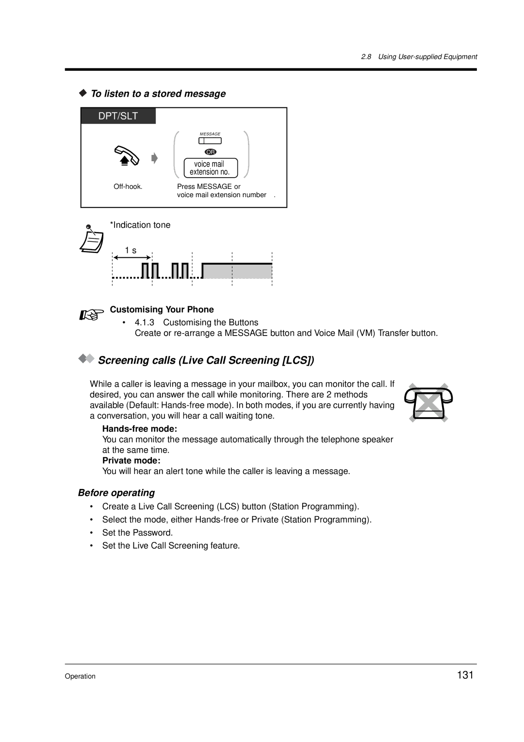 Panasonic KX-TD612E Screening calls Live Call Screening LCS, 131, To listen to a stored message, Before operating 