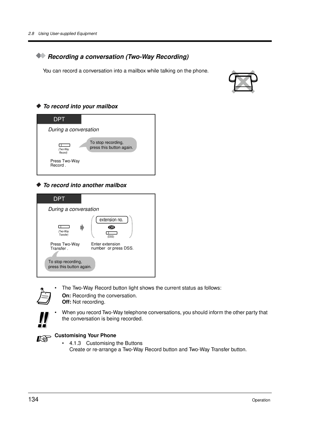 Panasonic KX-TD612E user manual Recording a conversation Two-Way Recording, 134, To record into your mailbox 