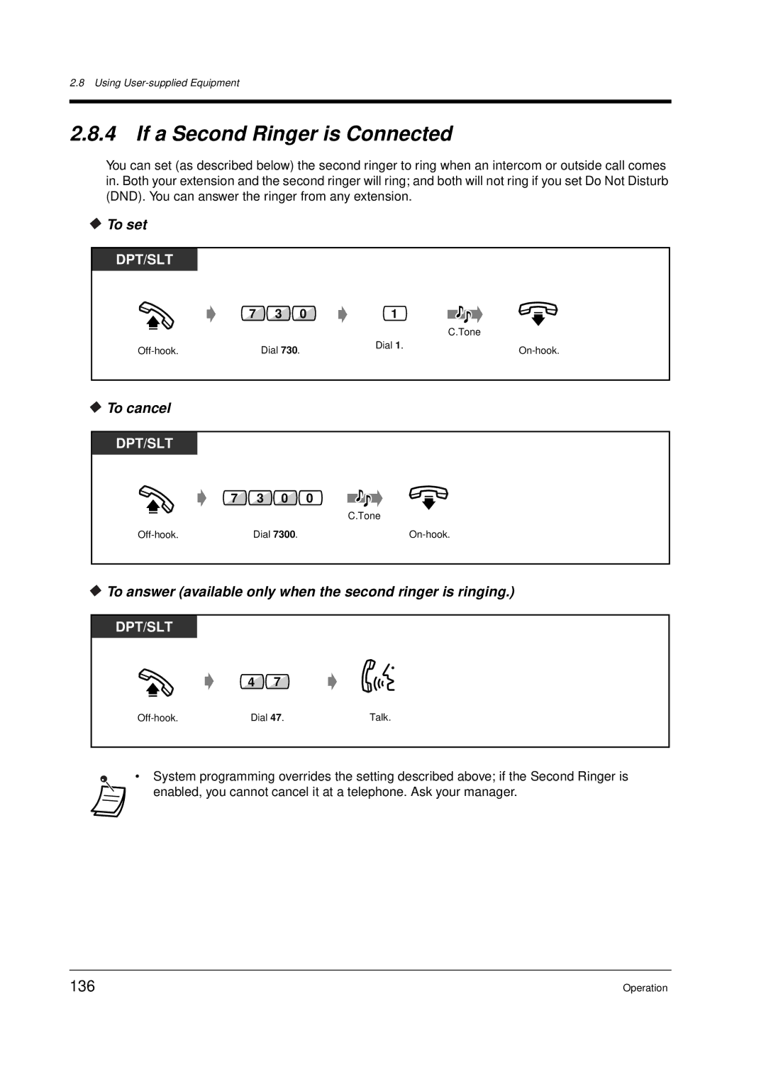 Panasonic KX-TD612E If a Second Ringer is Connected, 136, To answer available only when the second ringer is ringing 