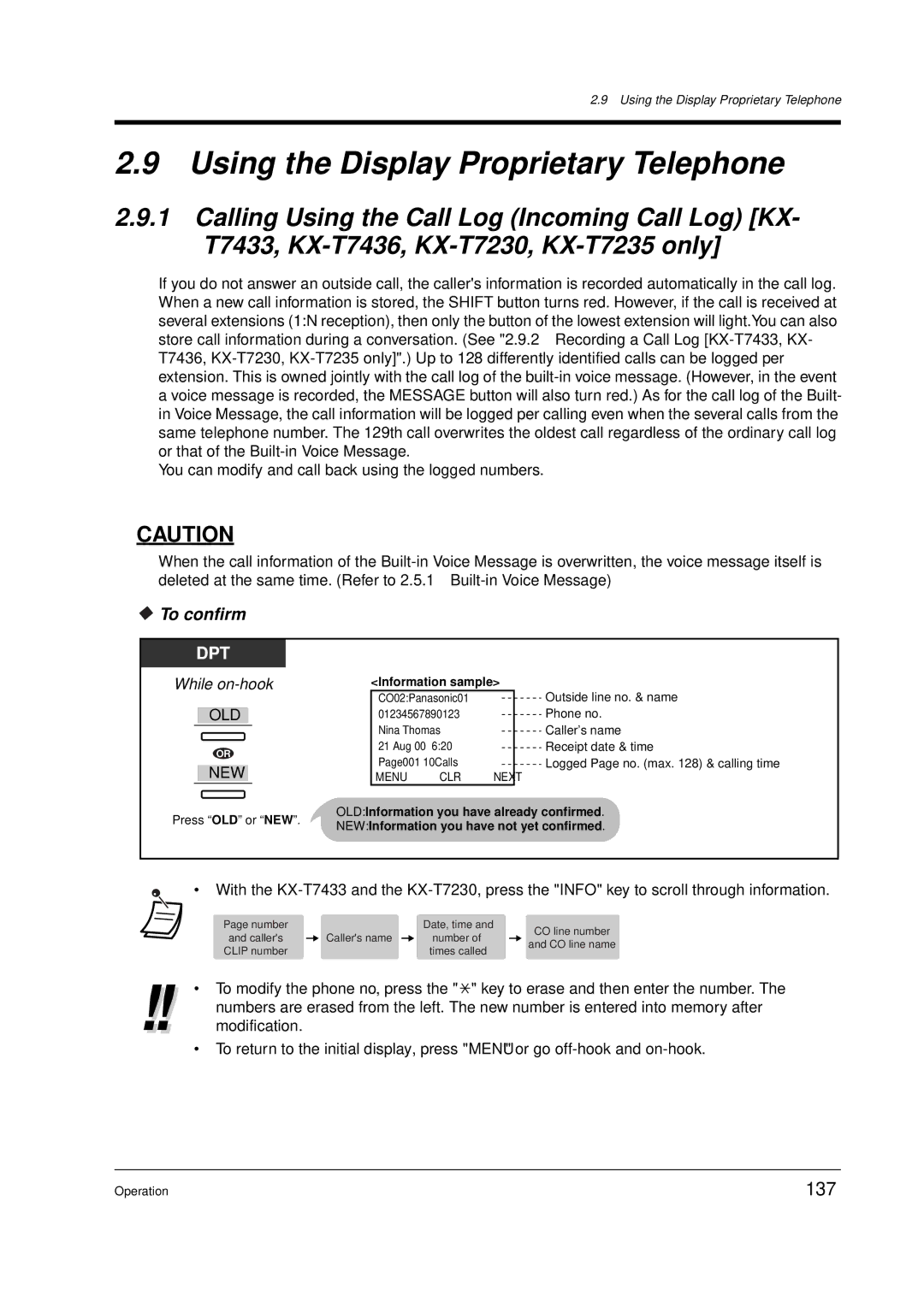 Panasonic KX-TD612E user manual Using the Display Proprietary Telephone, 137, To confirm 