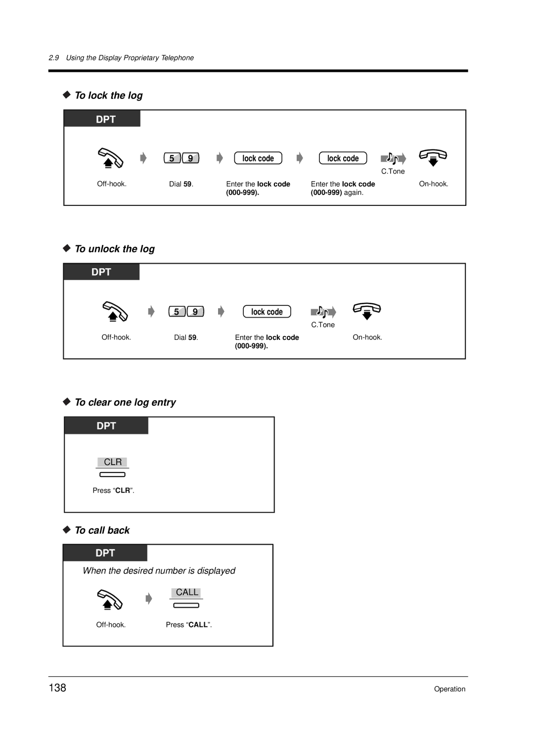 Panasonic KX-TD612E user manual 138, To lock the log, To unlock the log, To clear one log entry, Lock code 