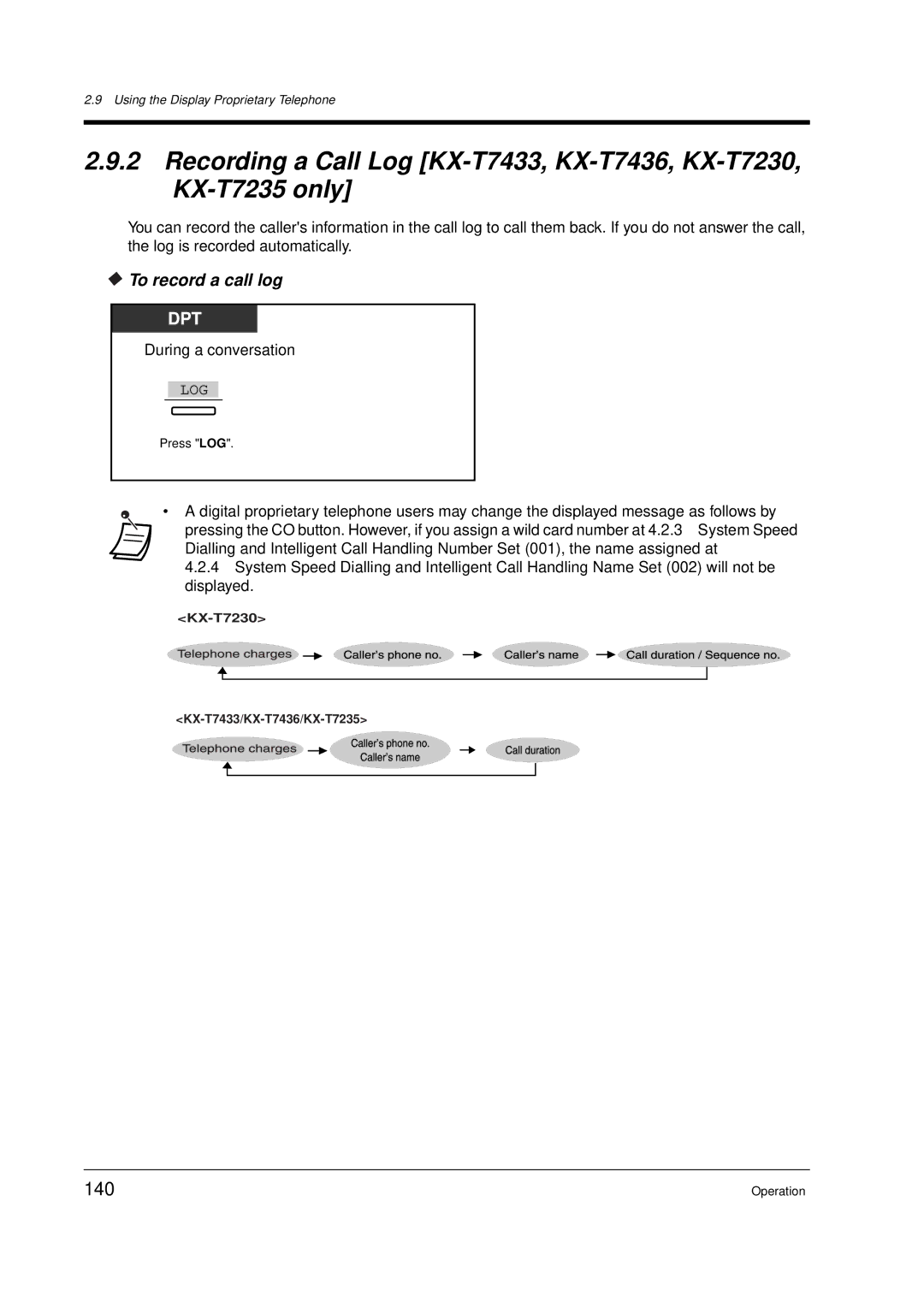 Panasonic KX-TD612E user manual 140, To record a call log 