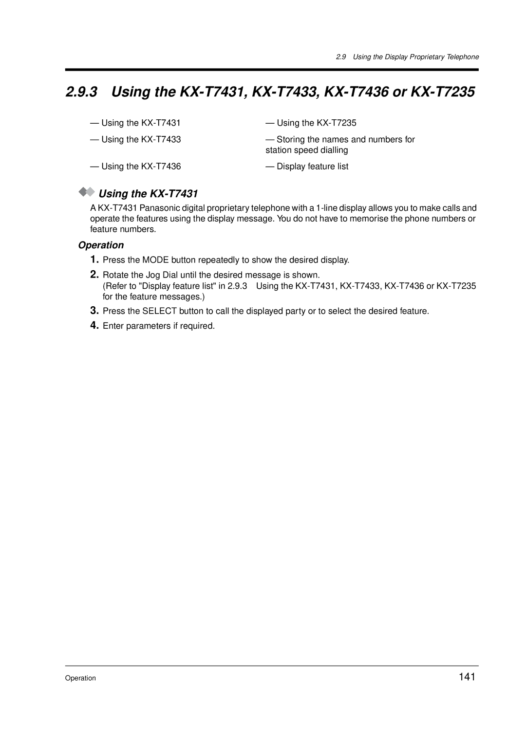 Panasonic KX-TD612E user manual Using the KX-T7431, KX-T7433, KX-T7436 or KX-T7235, 141, Operation 