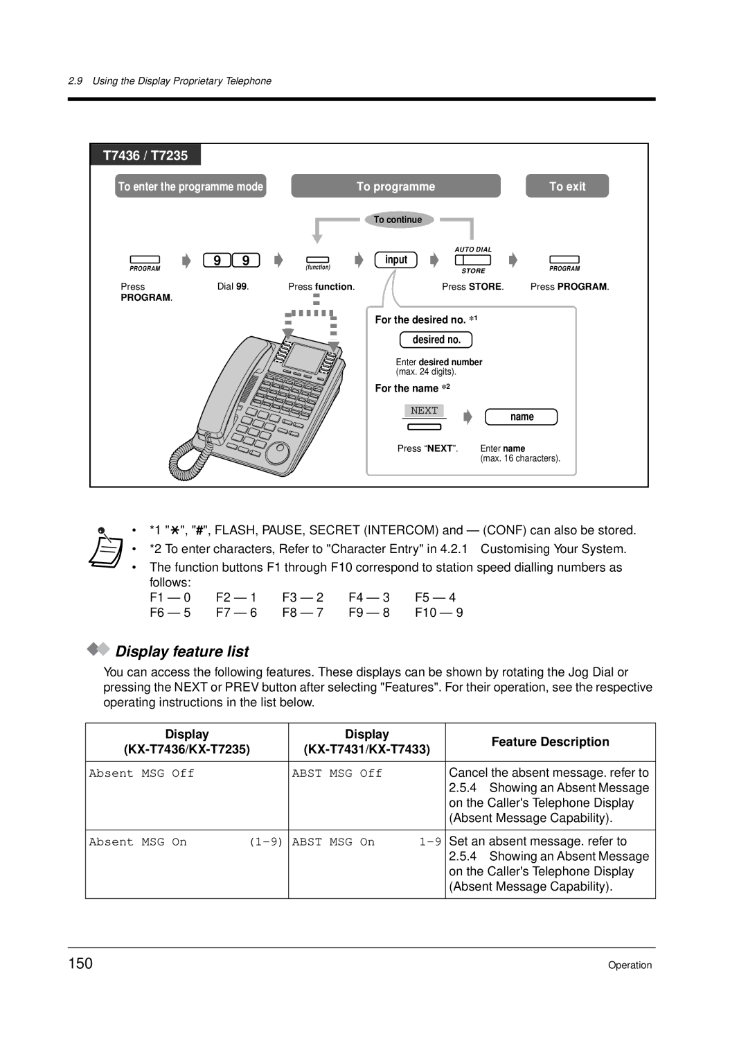 Panasonic KX-TD612E user manual Display feature list, 150, Press function, Enter desired number 