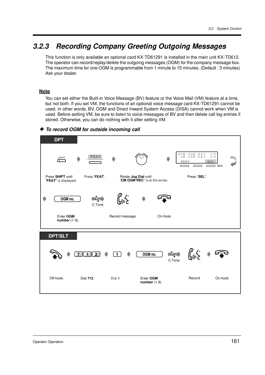 Panasonic KX-TD612E Recording Company Greeting Outgoing Messages, 161, To record OGM for outside incoming call, OGM no 