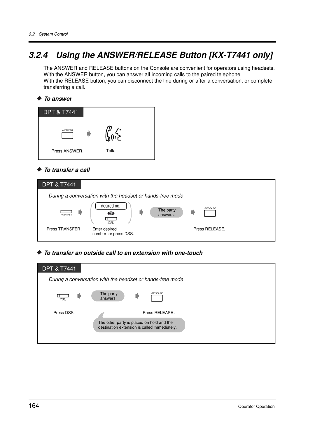 Panasonic KX-TD612E user manual Using the ANSWER/RELEASE Button KX-T7441 only, 164, To transfer a call 