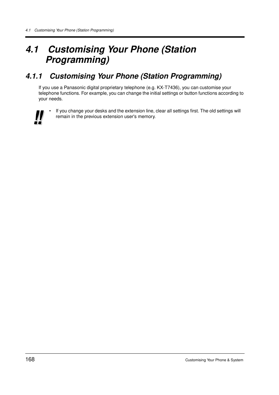 Panasonic KX-TD612E user manual Customising Your Phone Station Programming, 168 