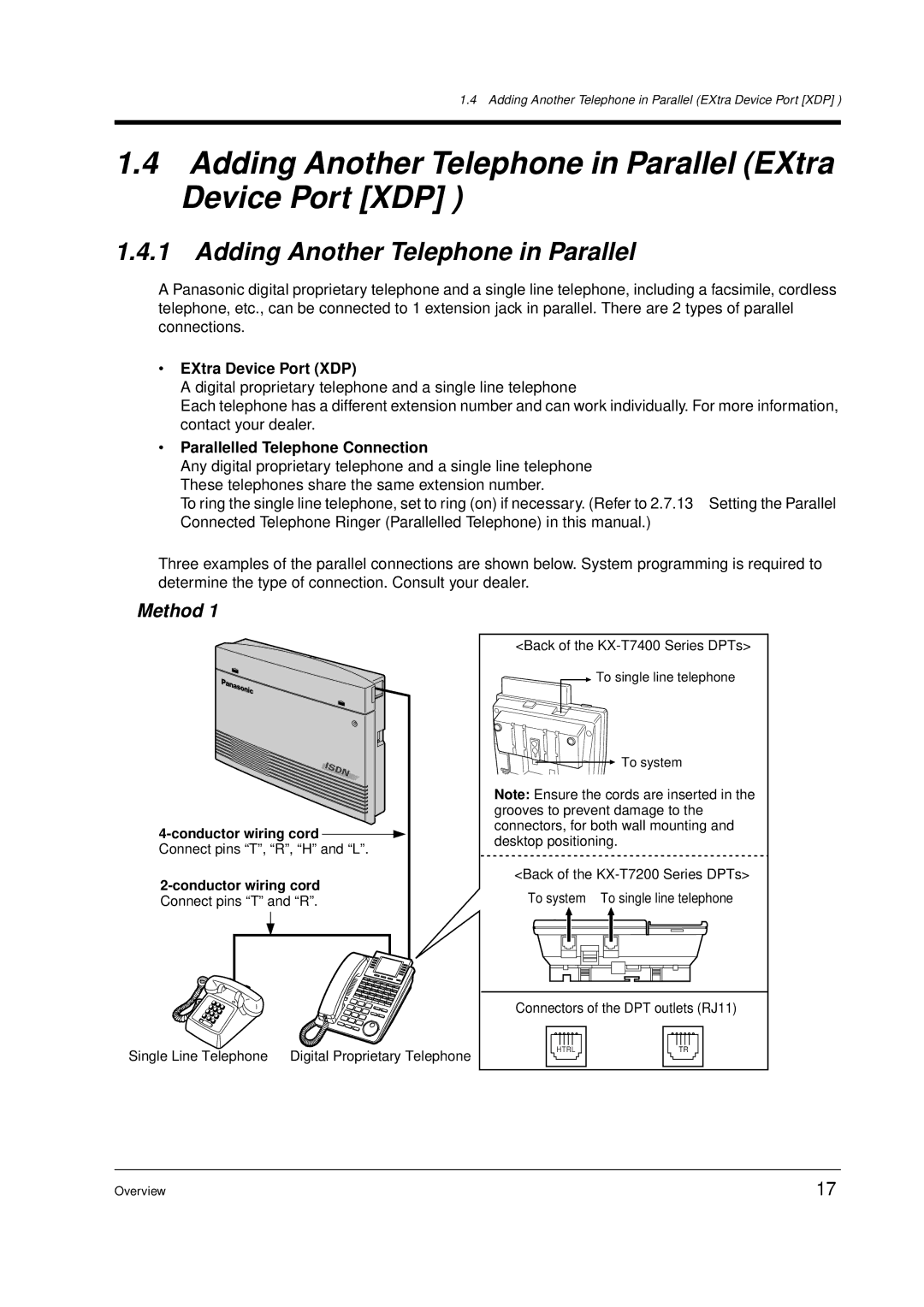 Panasonic KX-TD612E Adding Another Telephone in Parallel EXtra Device Port XDP, Method, Parallelled Telephone Connection 