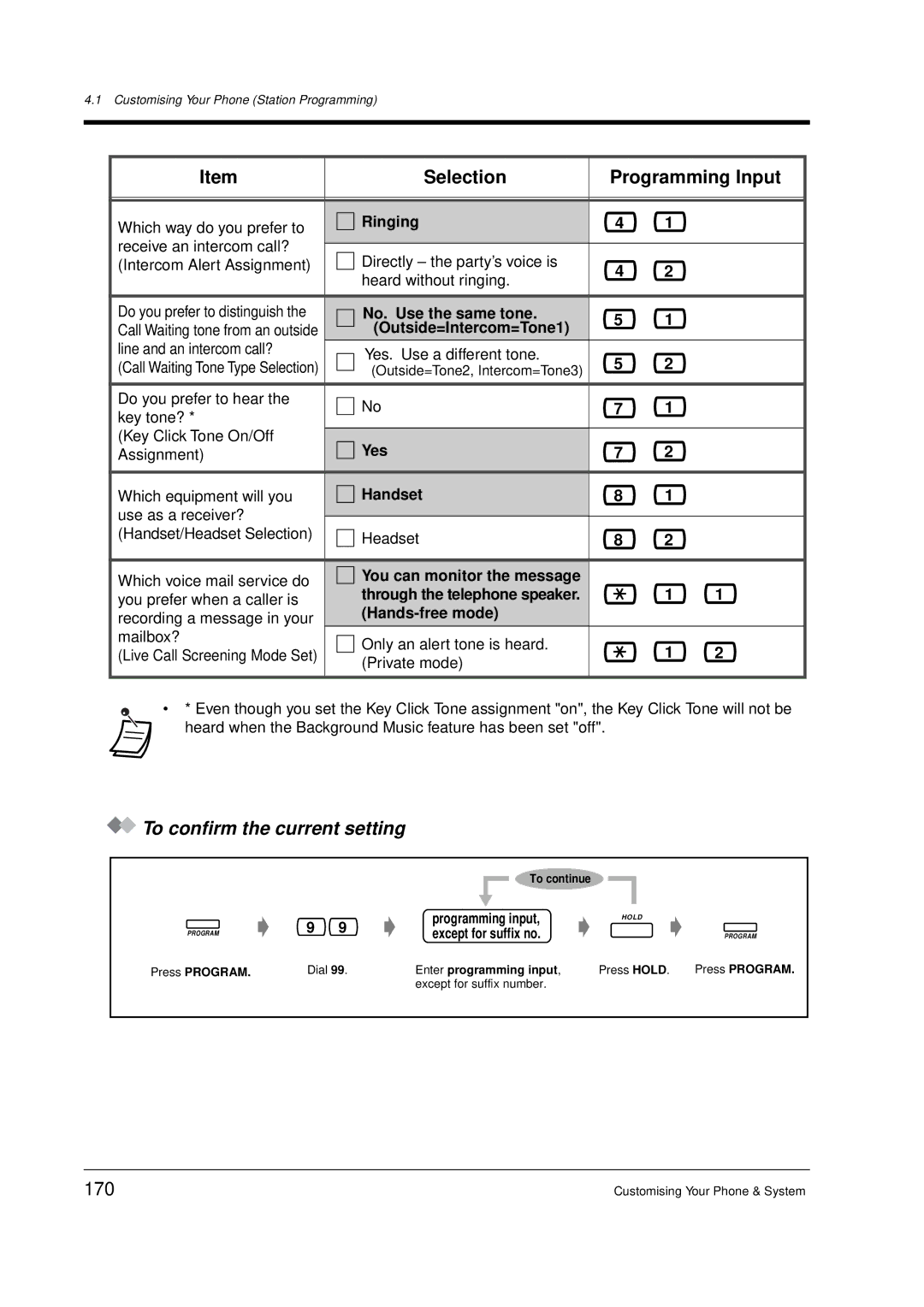 Panasonic KX-TD612E user manual To confirm the current setting, 170 