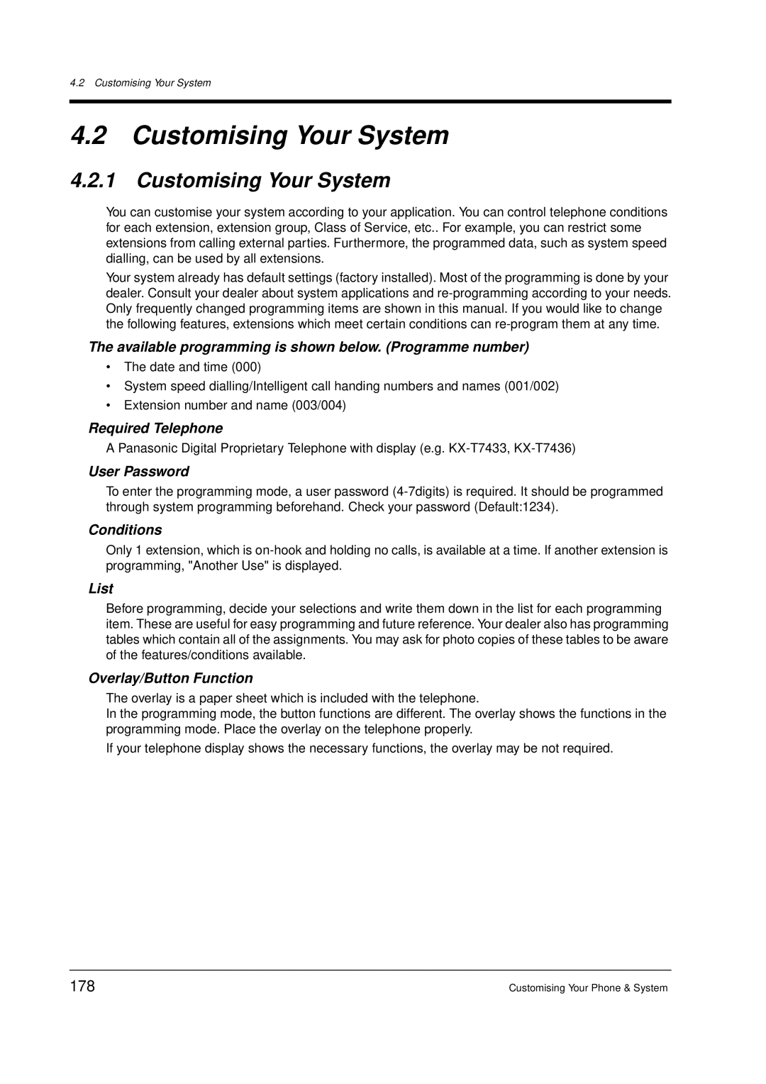 Panasonic KX-TD612E user manual Customising Your System, 178 