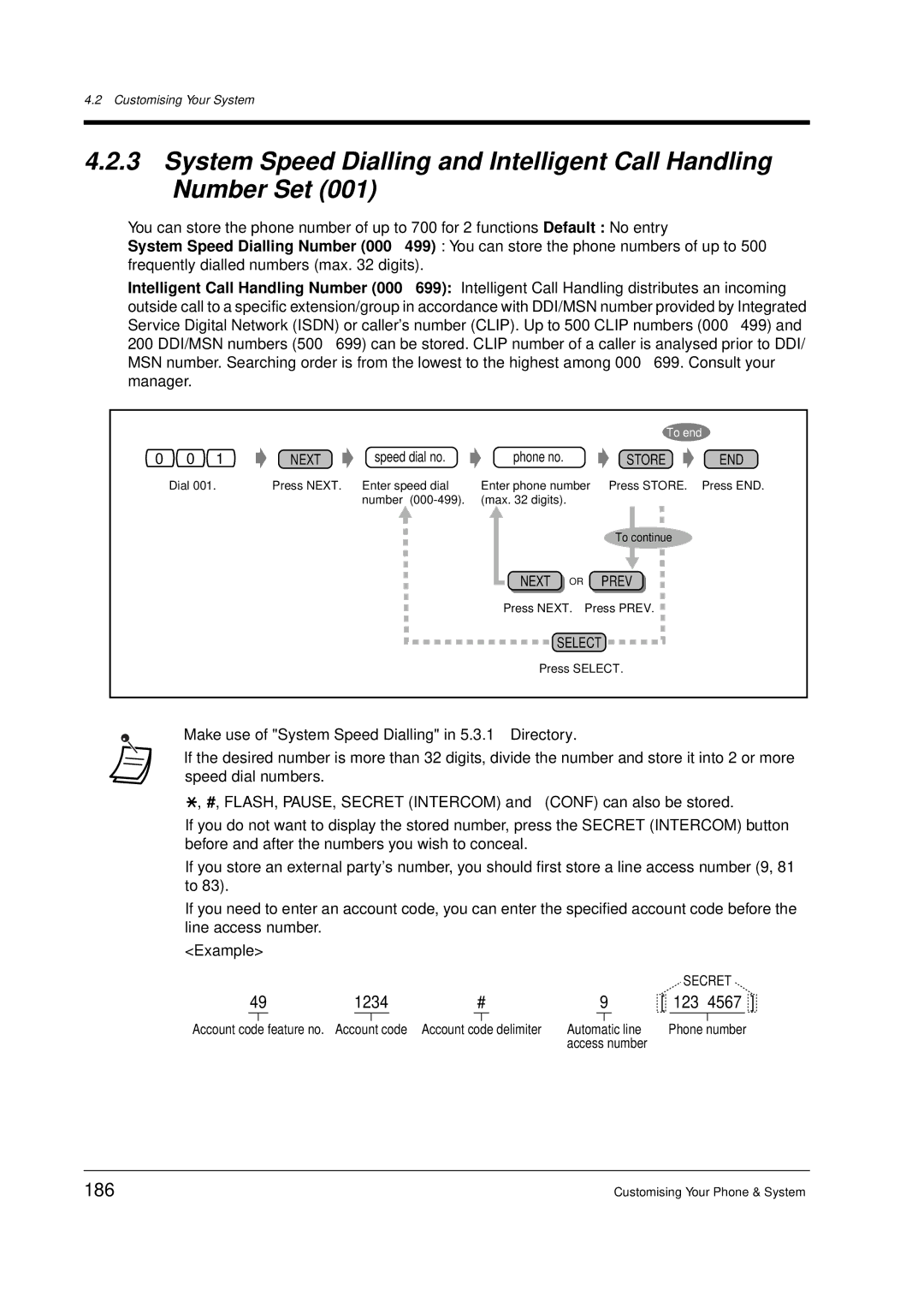 Panasonic KX-TD612E user manual 186, Speed dial no Phone no, Enter speed dial Enter phone number 