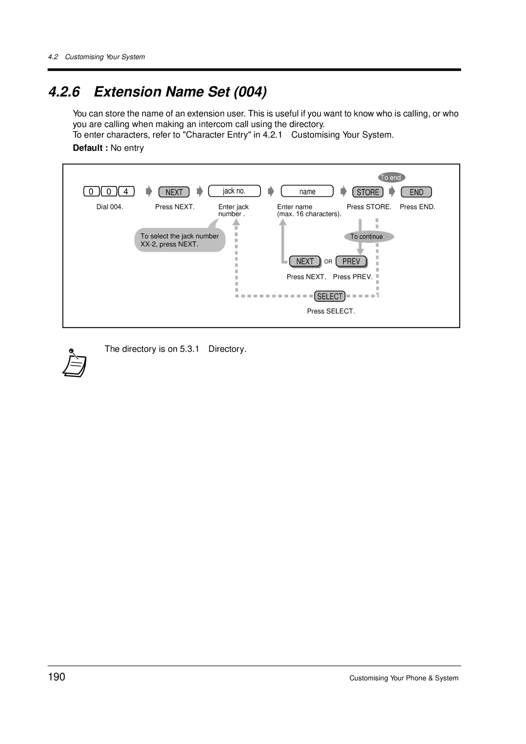 Panasonic KX-TD612E Extension Name Set, 190, Jack no, Press Next, Enter name Press Store Press END Max characters Continue 