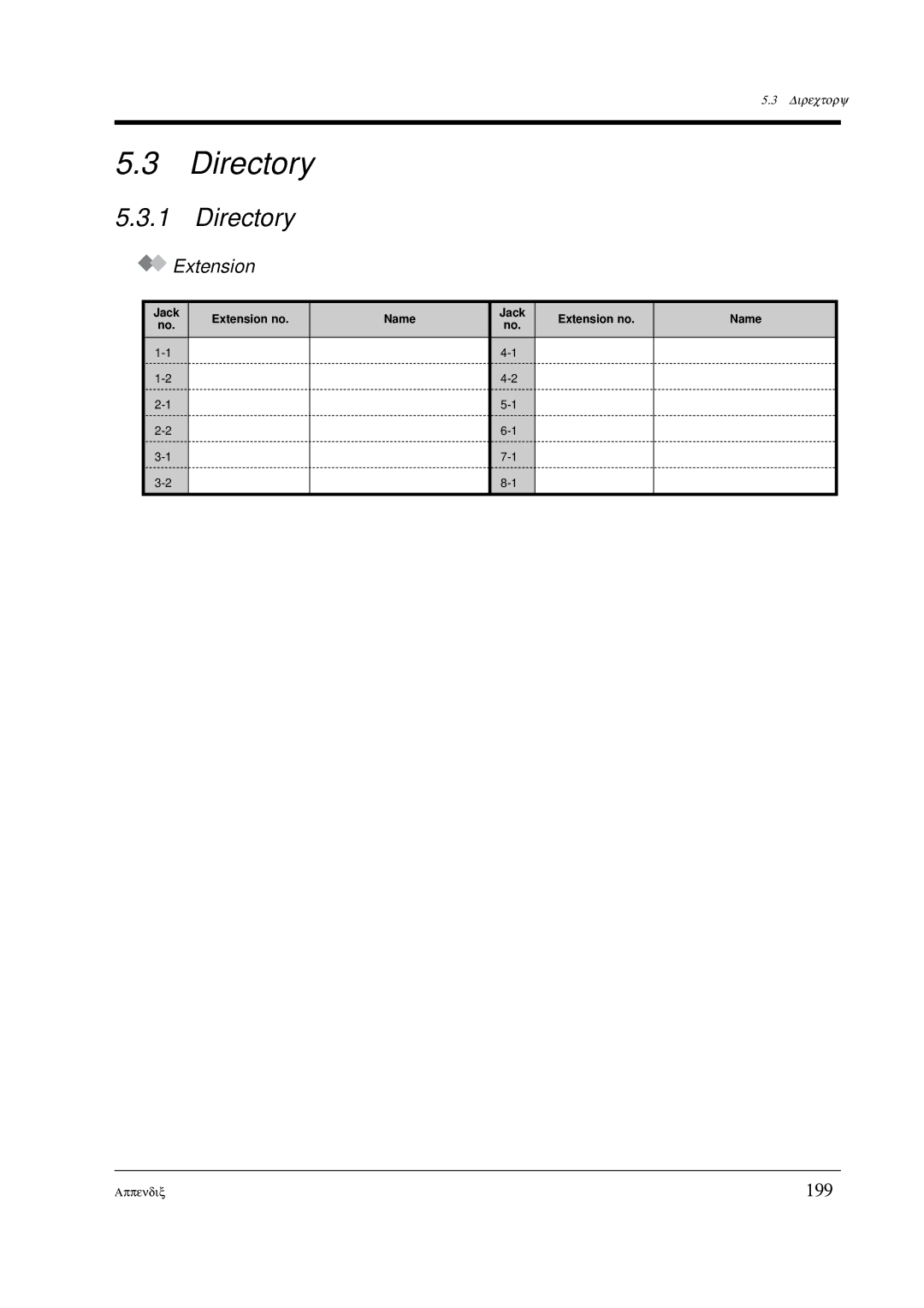 Panasonic KX-TD612E user manual Directory, 199, Jack Extension no Name 