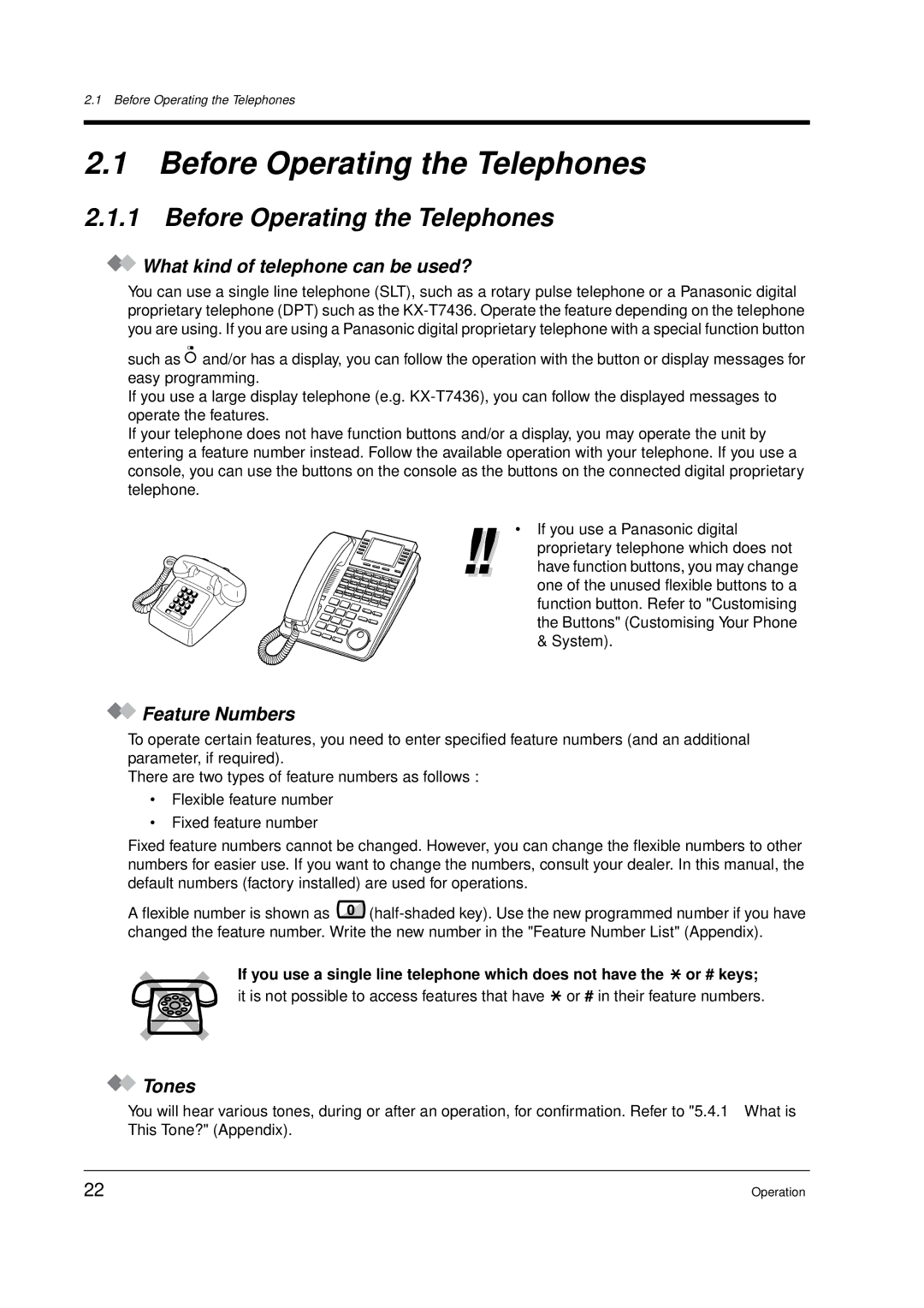 Panasonic KX-TD612E Before Operating the Telephones, What kind of telephone can be used?, Feature Numbers, Tones 