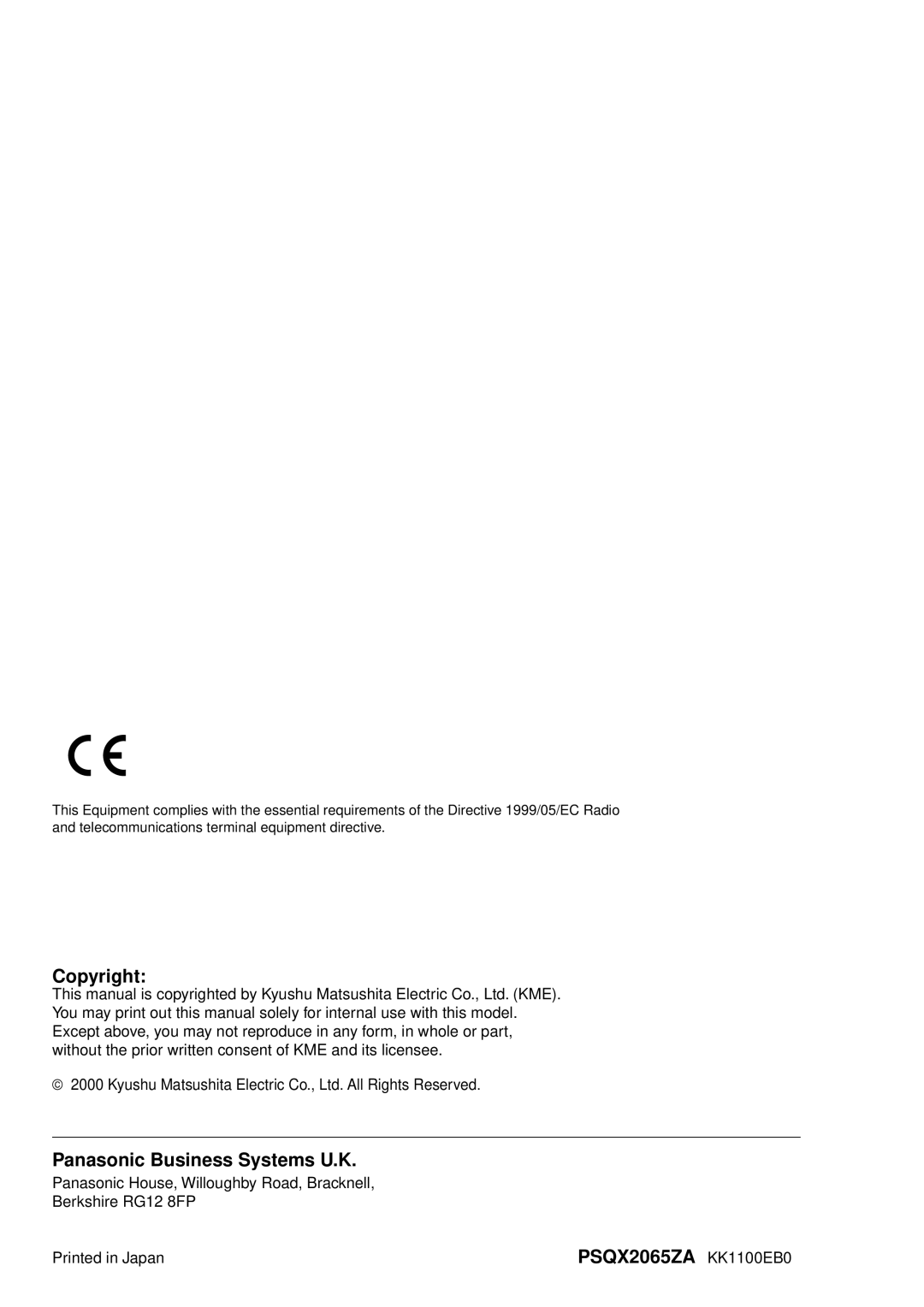 Panasonic KX-TD612E user manual Copyright Panasonic Business Systems U.K 