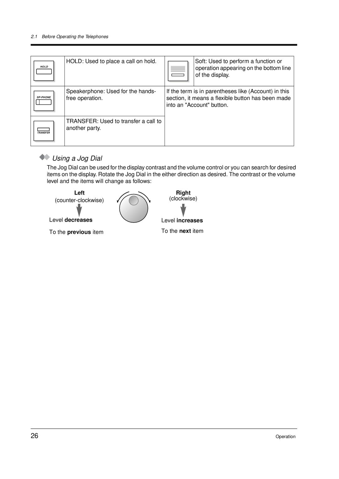 Panasonic KX-TD612E user manual Using a Jog Dial, Left Right, Level decreases Level increases 