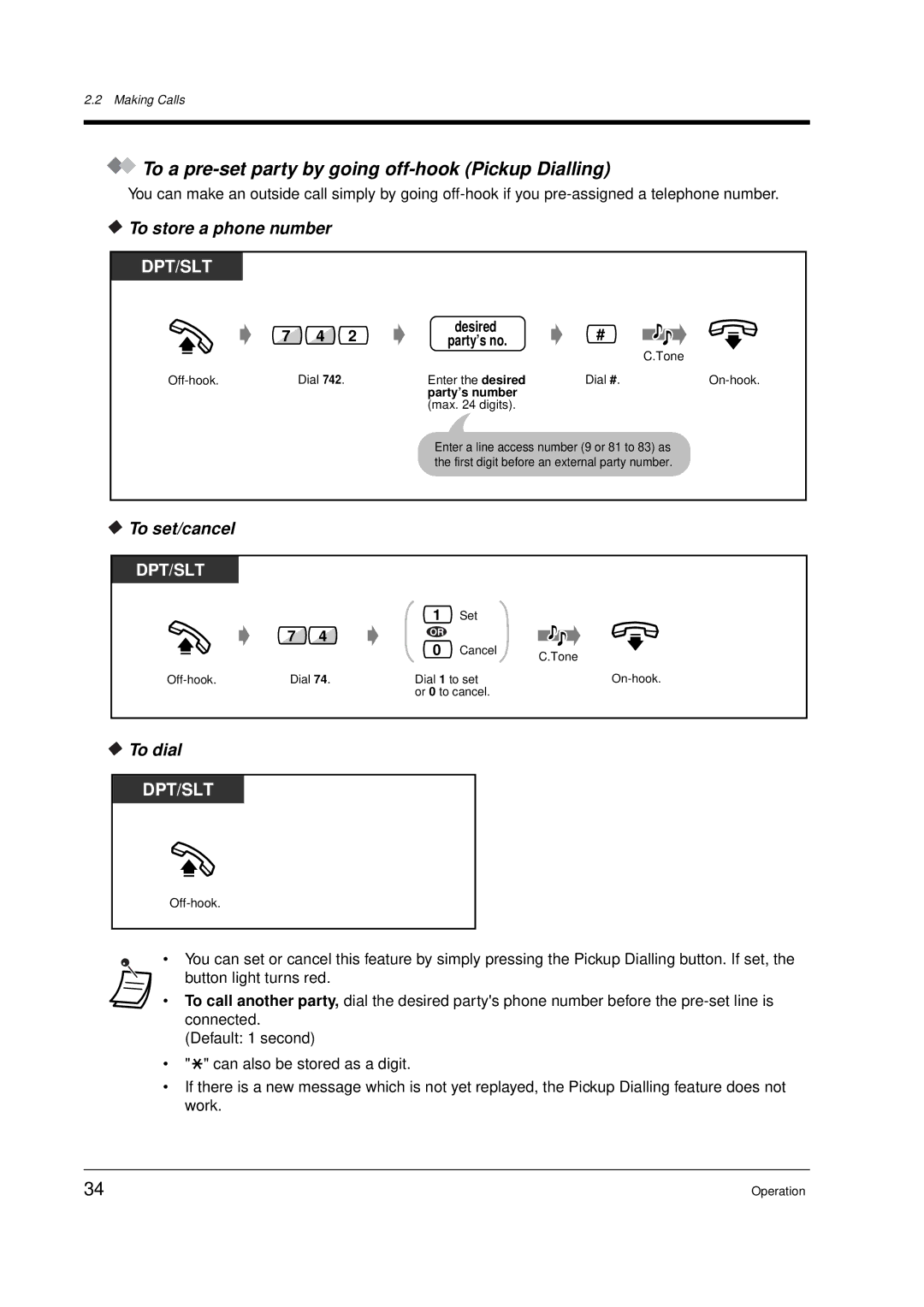 Panasonic KX-TD612E user manual To a pre-set party by going off-hook Pickup Dialling, To set/cancel, Party’s no 