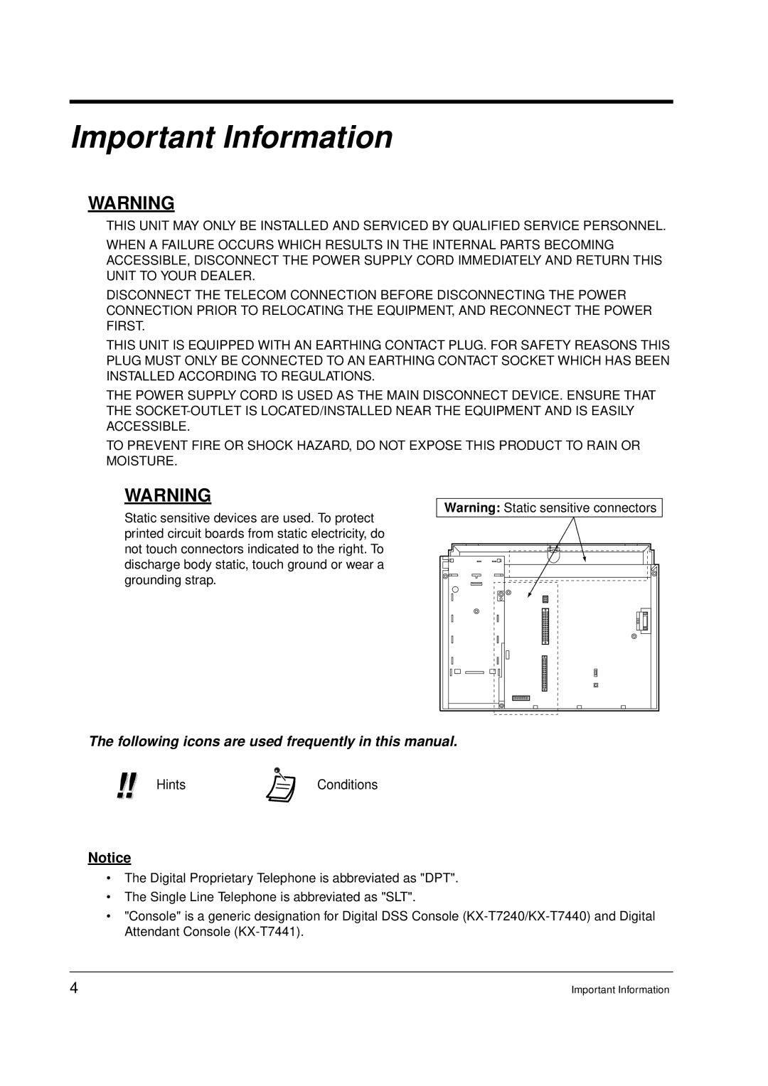 Panasonic KX-TD612E user manual Important Information, Following icons are used frequently in this manual 