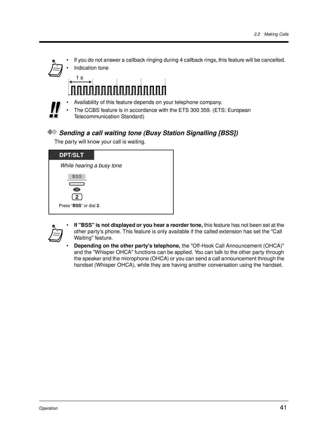 Panasonic KX-TD612E user manual Sending a call waiting tone Busy Station Signalling BSS 