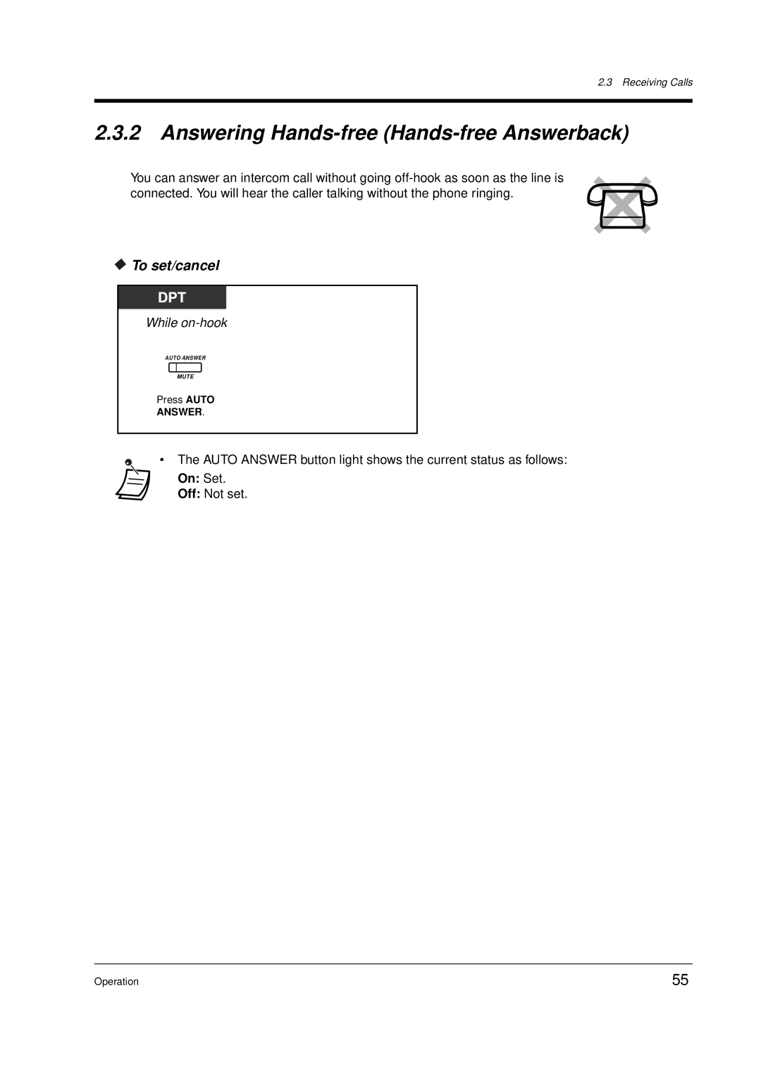 Panasonic KX-TD612E user manual Answering Hands-free Hands-free Answerback, On Set 