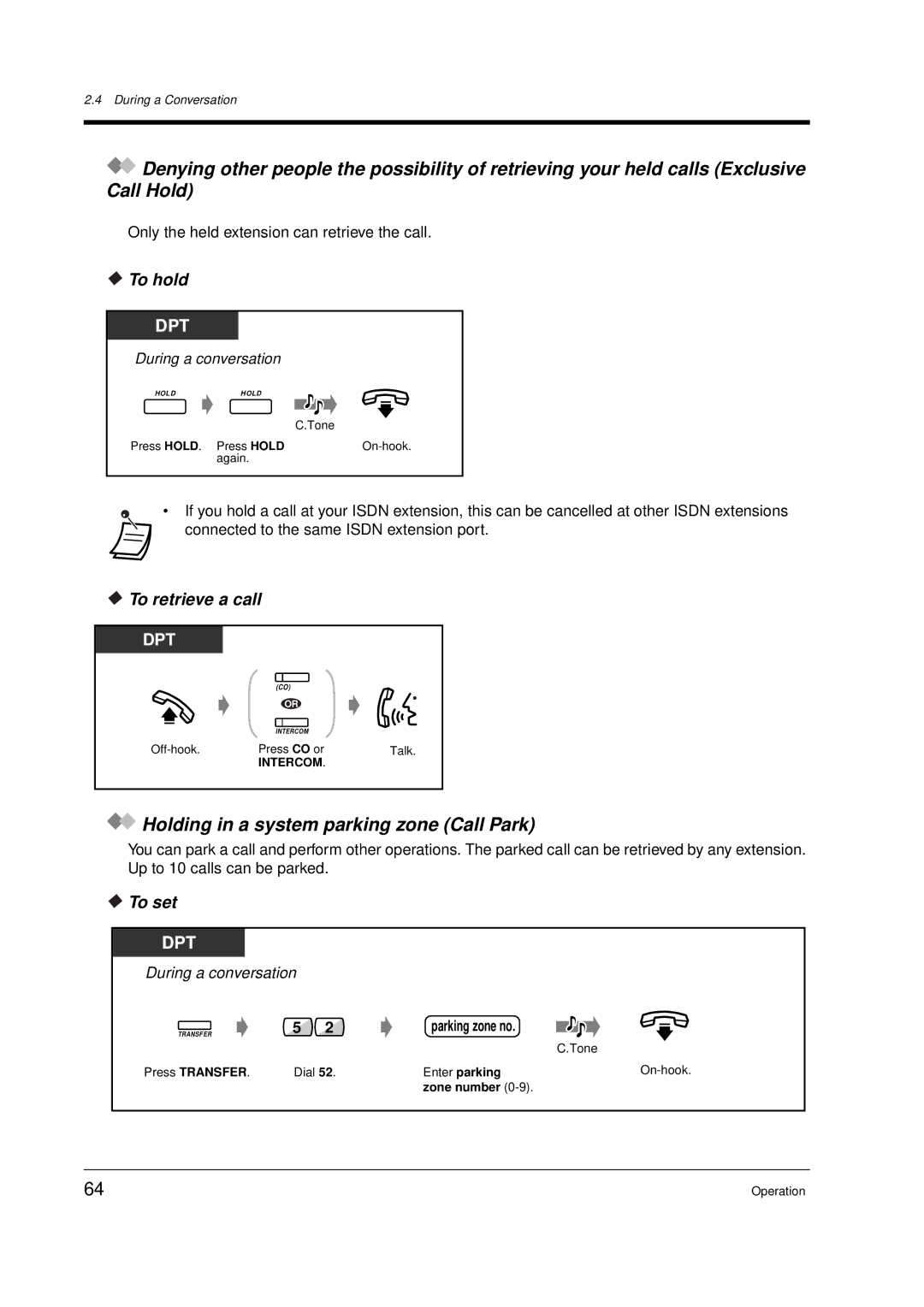 Panasonic KX-TD612E user manual Holding in a system parking zone Call Park, To set 