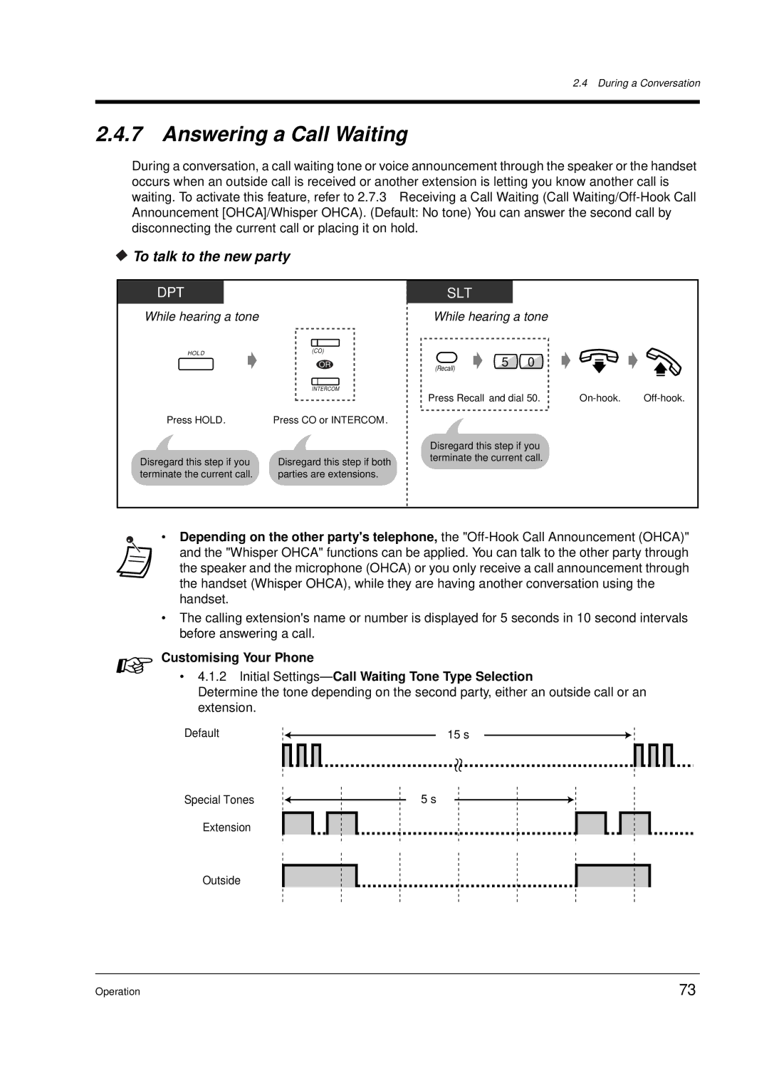 Panasonic KX-TD612E Answering a Call Waiting, To talk to the new party, Default, Special Tones, Press CO or Intercom 