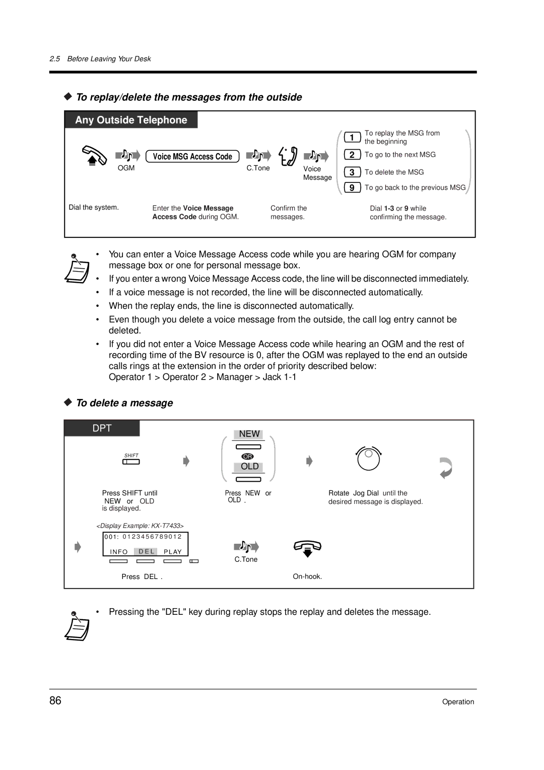 Panasonic KX-TD612E To replay/delete the messages from the outside, To delete a message, Enter the Voice Message 