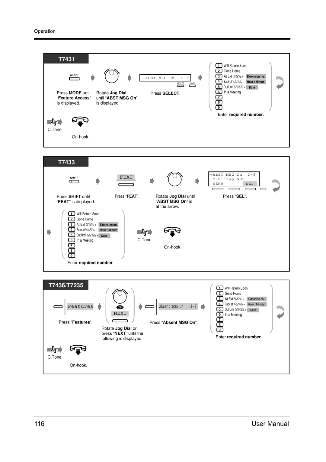 Panasonic KX-TD612NZ user manual 116, Feature Access until Abst MSG On, Press Absent MSG On 