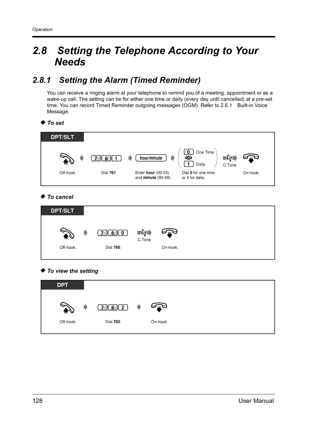 Panasonic KX-TD612NZ user manual Setting the Telephone According to Your Needs, Setting the Alarm Timed Reminder, 128 