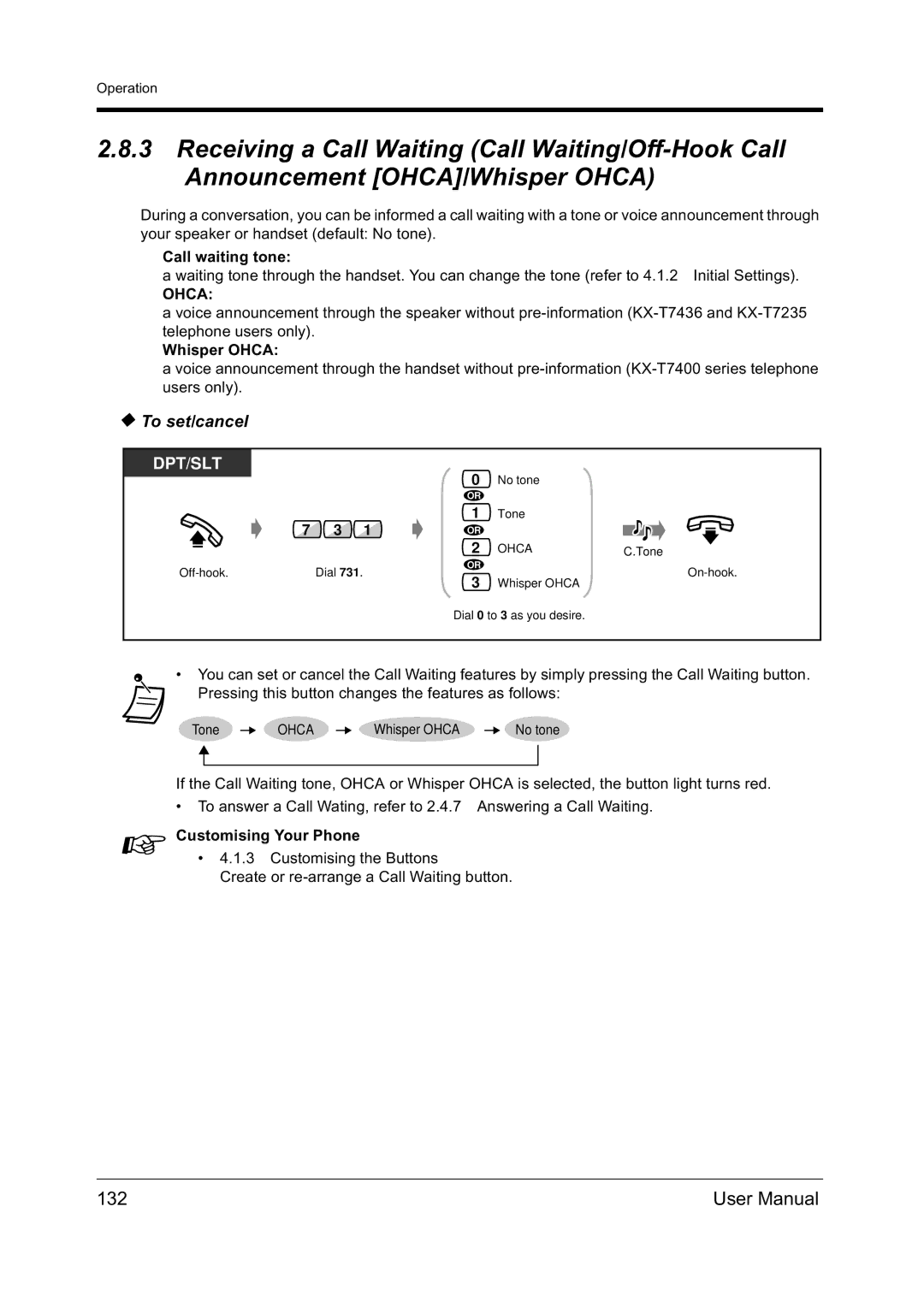 Panasonic KX-TD612NZ user manual 132, Call waiting tone, Whisper Ohca 