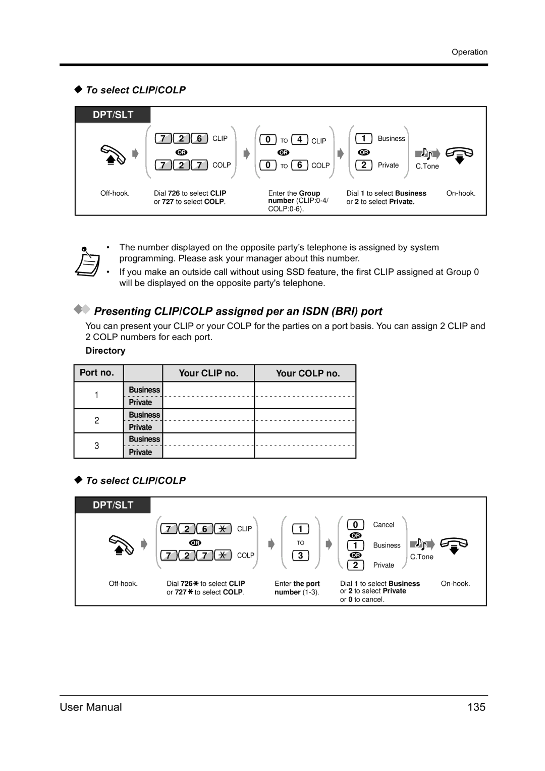 Panasonic KX-TD612NZ Presenting CLIP/COLP assigned per an Isdn BRI port, 135, To select CLIP/COLP, Enter the port 