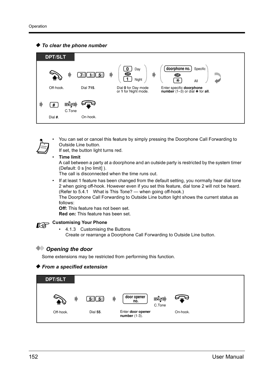 Panasonic KX-TD612NZ user manual Opening the door, 152, To clear the phone number, From a specified extension, Time limit 