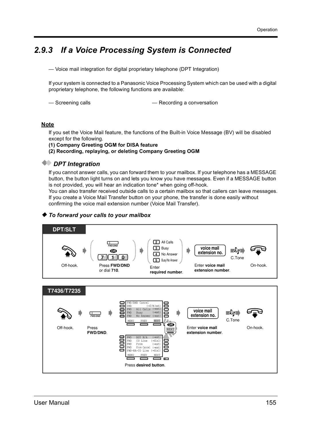 Panasonic KX-TD612NZ user manual If a Voice Processing System is Connected, DPT Integration, 155 