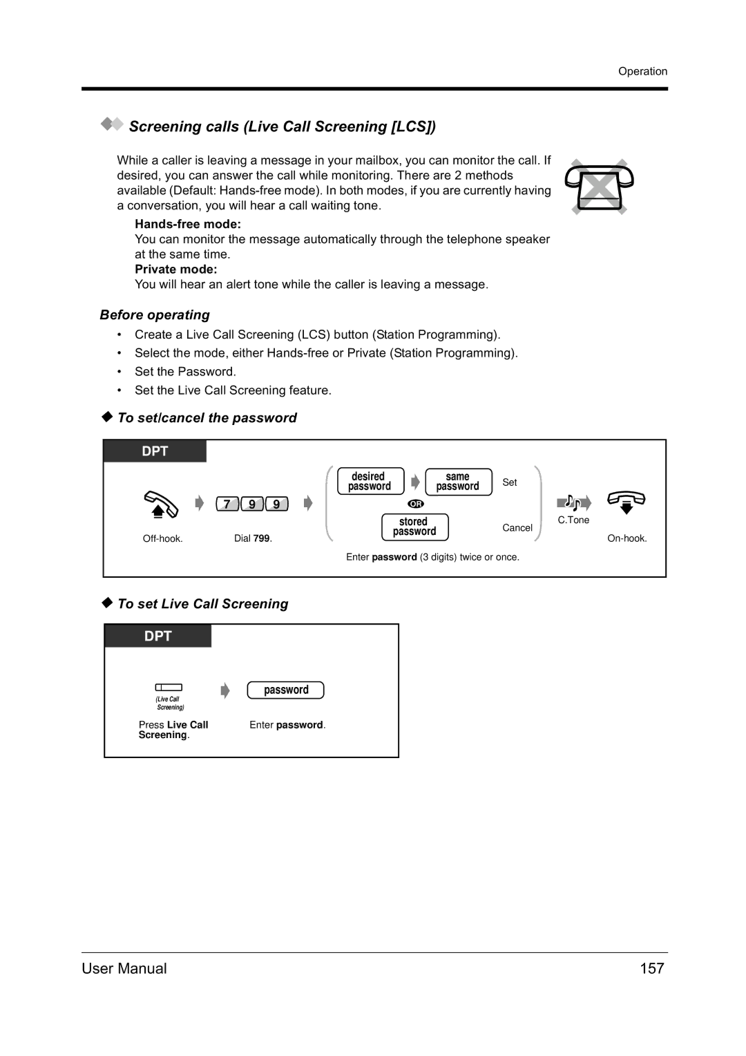 Panasonic KX-TD612NZ user manual Screening calls Live Call Screening LCS, 157, Before operating, To set/cancel the password 