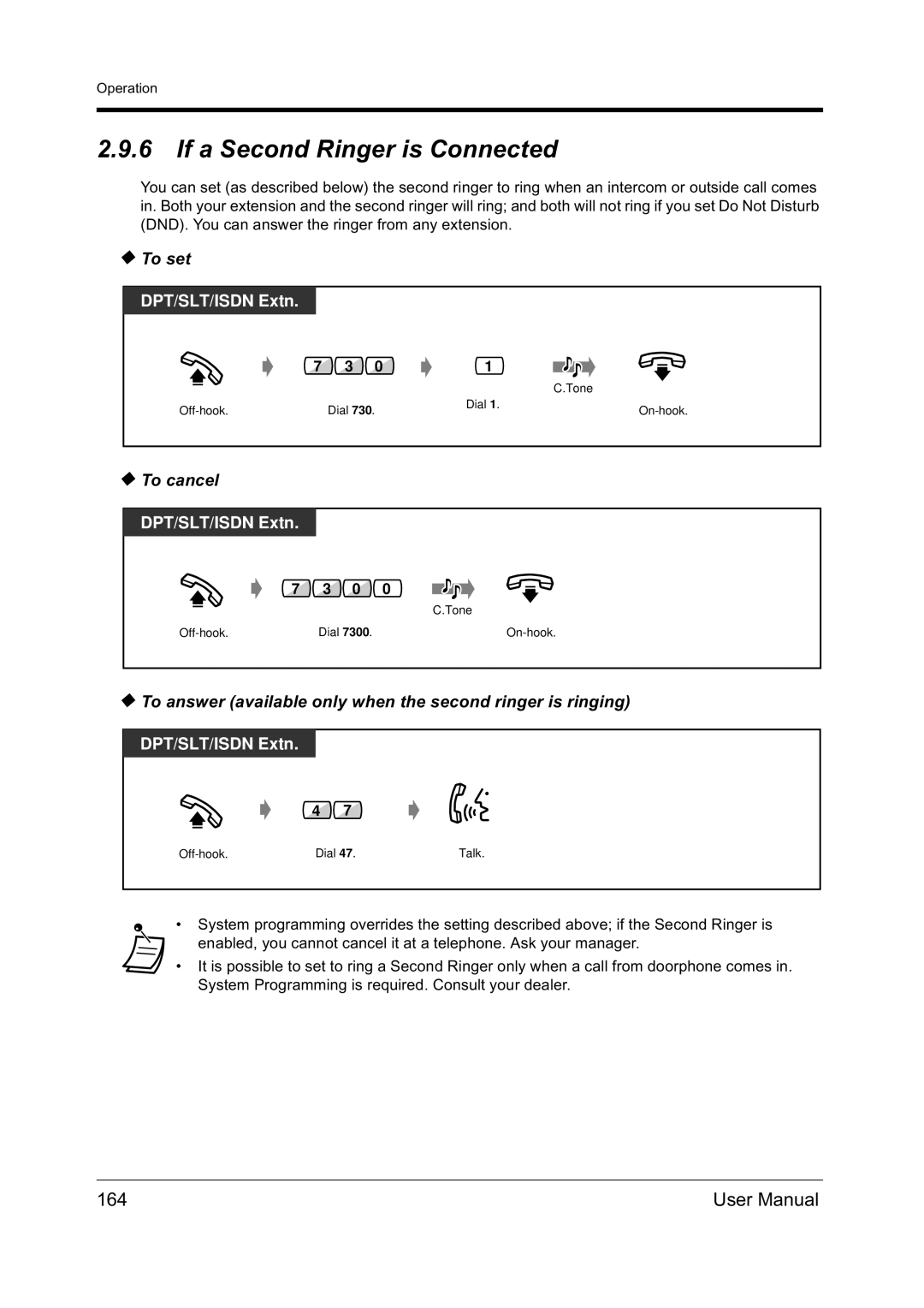 Panasonic KX-TD612NZ If a Second Ringer is Connected, 164, To answer available only when the second ringer is ringing 