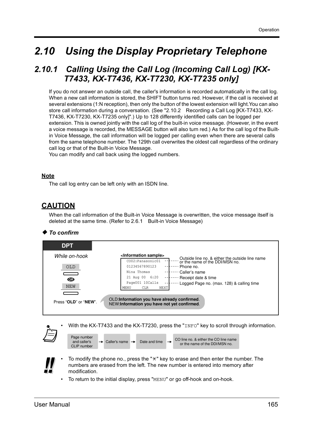 Panasonic KX-TD612NZ user manual Using the Display Proprietary Telephone, 165, To confirm 