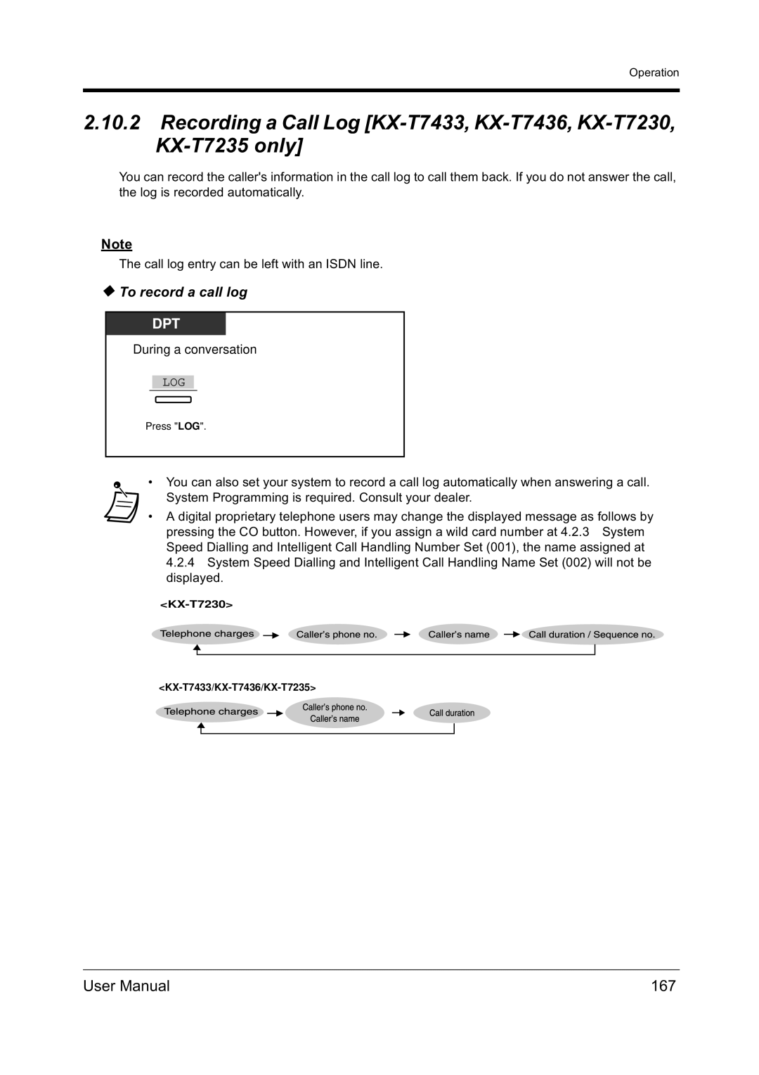 Panasonic KX-TD612NZ user manual 167, To record a call log 