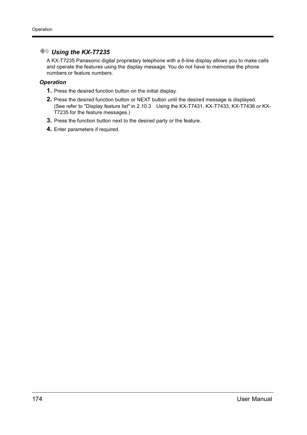 Panasonic KX-TD612NZ user manual Using the KX-T7235, 174 