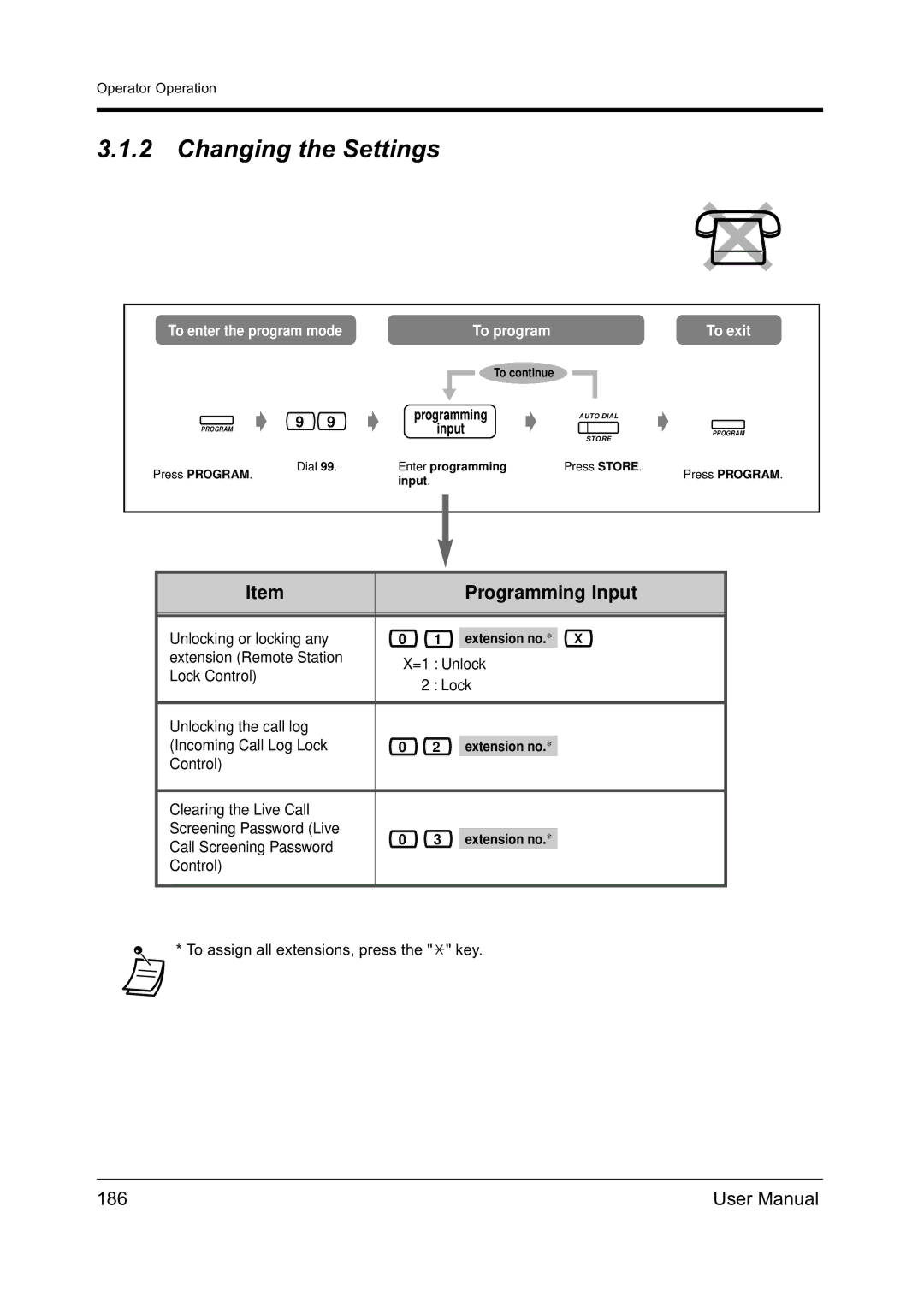 Panasonic KX-TD612NZ user manual Changing the Settings, 186, Input, Enter programming 