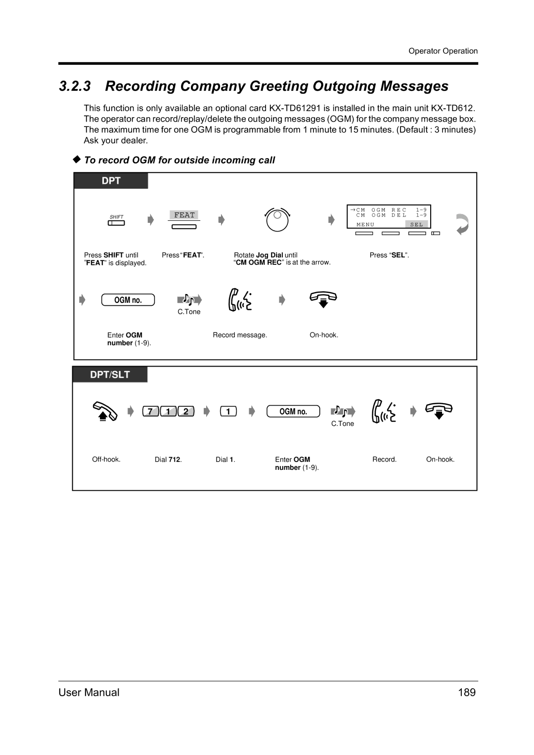 Panasonic KX-TD612NZ user manual Recording Company Greeting Outgoing Messages, 189, To record OGM for outside incoming call 