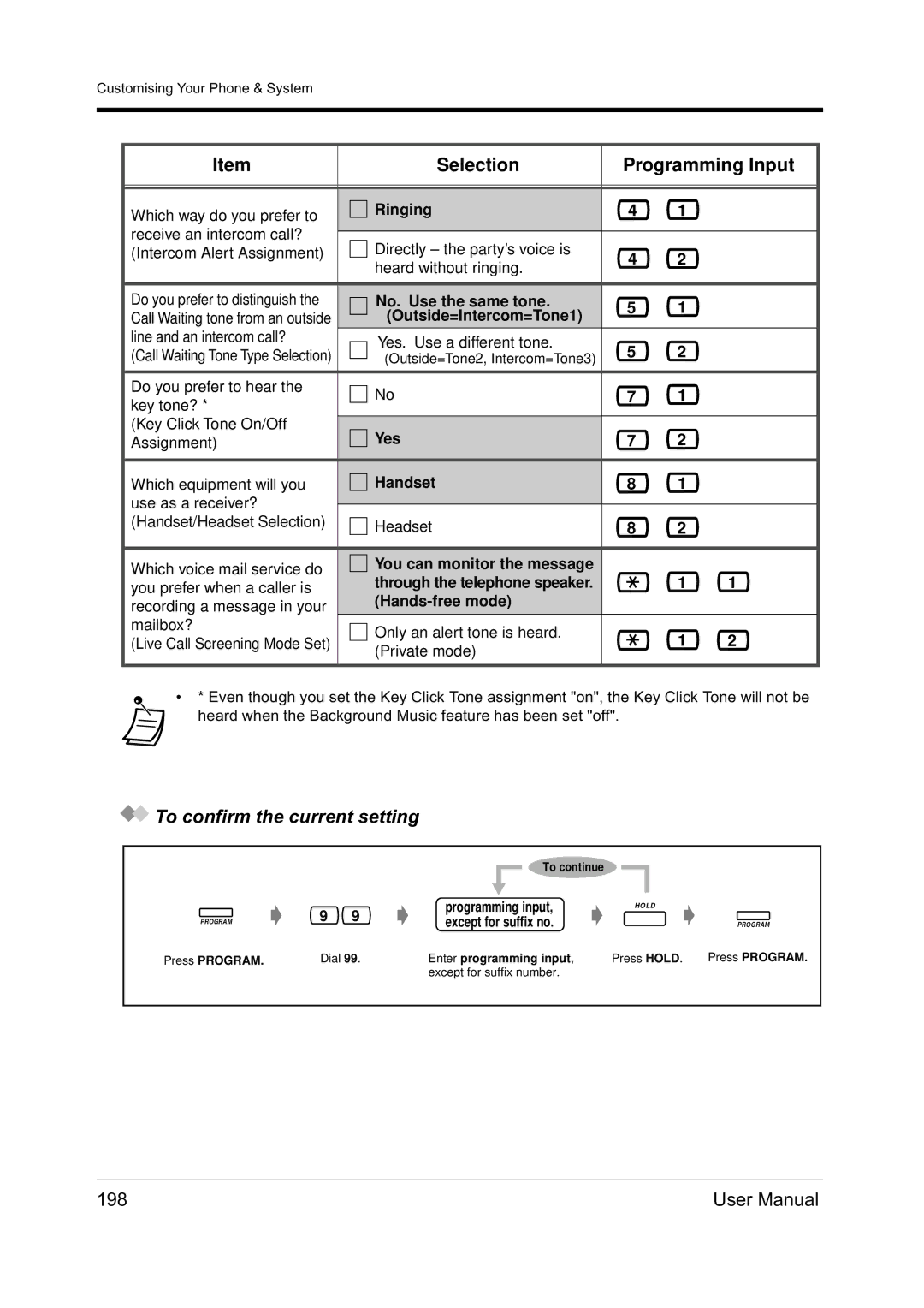 Panasonic KX-TD612NZ user manual To confirm the current setting, 198, Enter programming input 