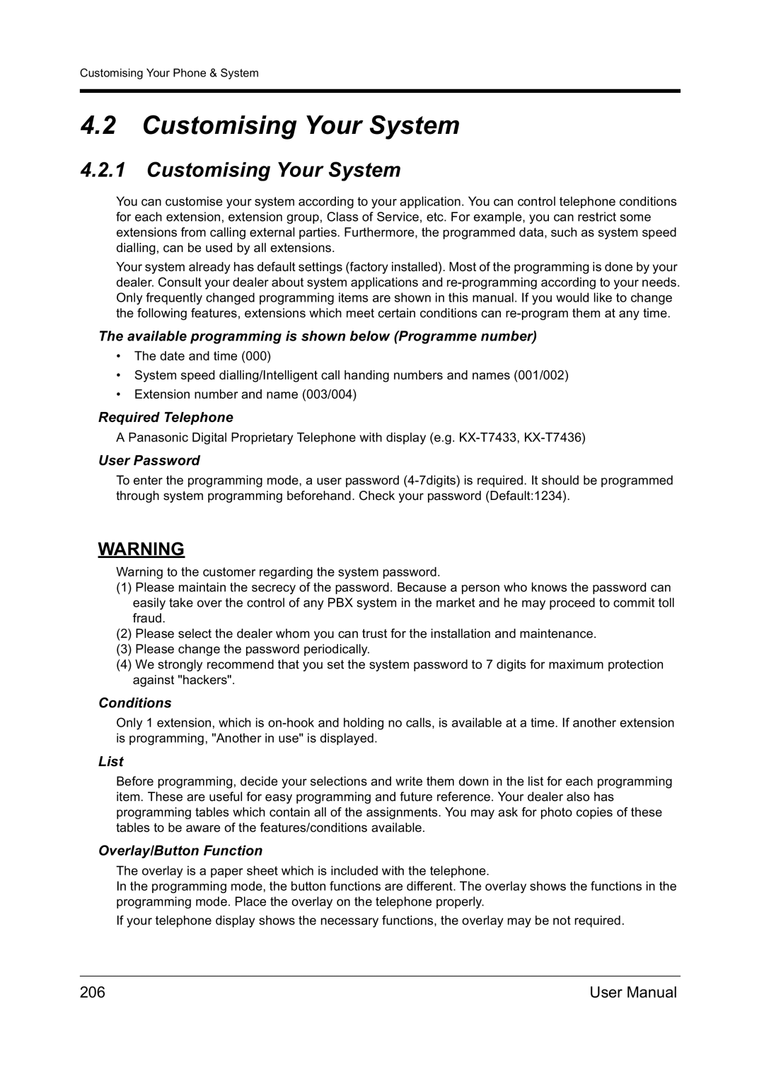 Panasonic KX-TD612NZ user manual Customising Your System, 206 